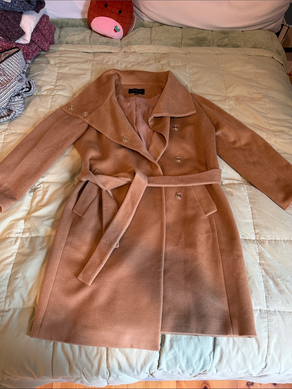 Ann Taylor Camel Double-Breasted Belted Trench Coat
